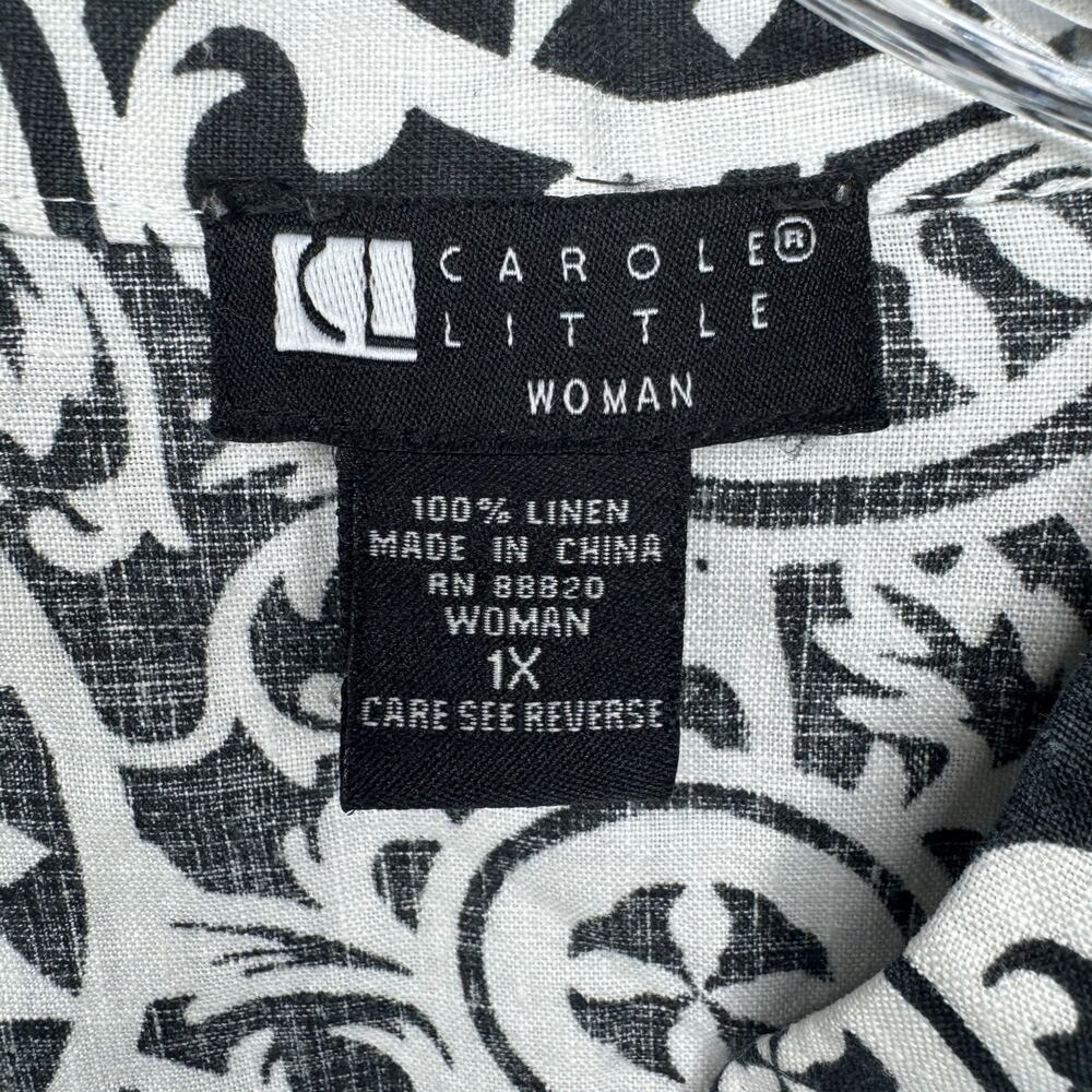 Carole Little Woman 1X Linen Blouse Black White Scroll Print Button Front Top - Picture 2 of 6